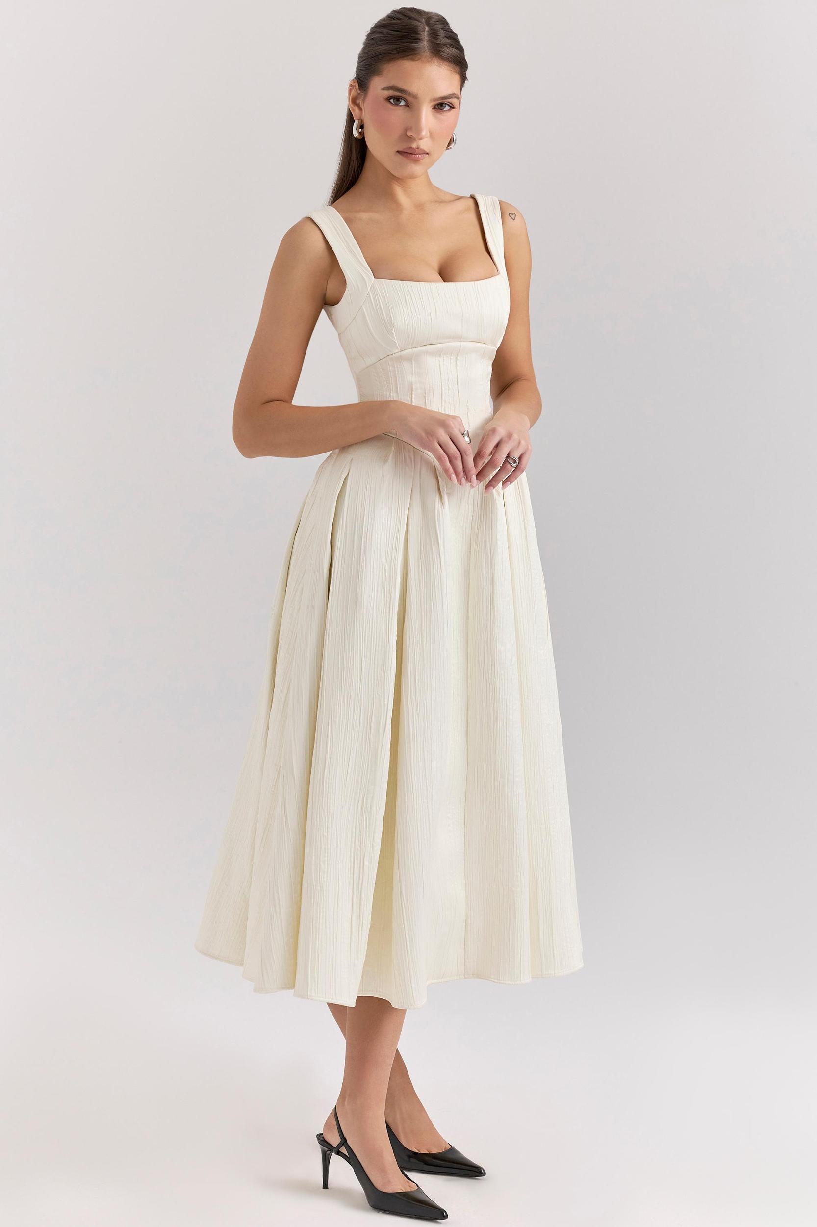 Isabeau  ivory textured satin corset midi dress Product Image