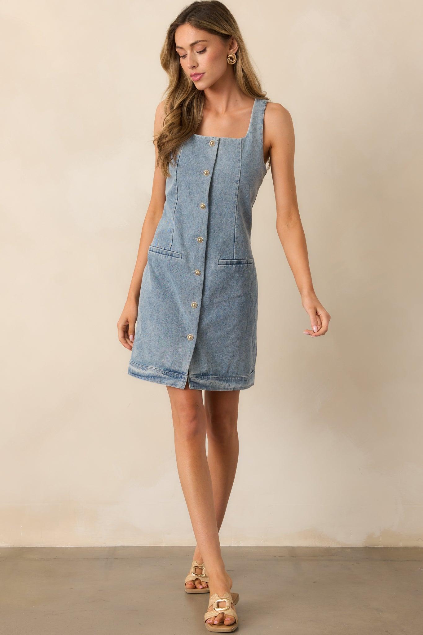 Urban Dreams Light Wash Button Front Denim Mini Dress Product Image