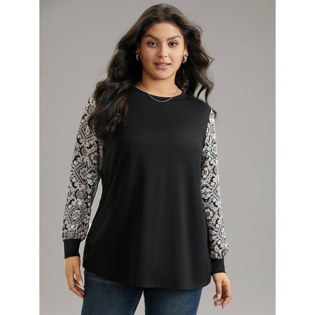 Plus Size Boho Print Patchwork Crew Neck T-shirt Black Women Elegant Printed Bohemian Print Round Neck Dailywear T-shirts BloomChic 28/5X Product Image