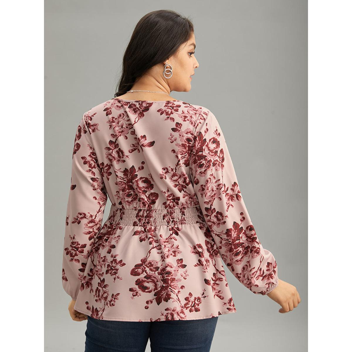 Plus Size Burgundy Floral Print Shirred Surplice Neck Blouse Women Elegant Long Sleeve Overlap Collar Everyday Blouses BloomChic 18-20/2X Product Image