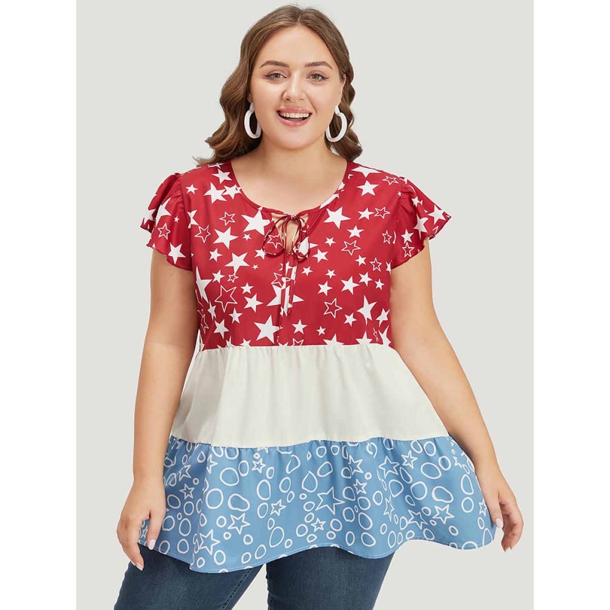 Plus Size Multicolor Star & Geo Graphic Knot Neck Patchwork Blouse Women Elegant Cap Sleeve Tie Neck Dailywear Blouses BloomChic 28/5X Product Image