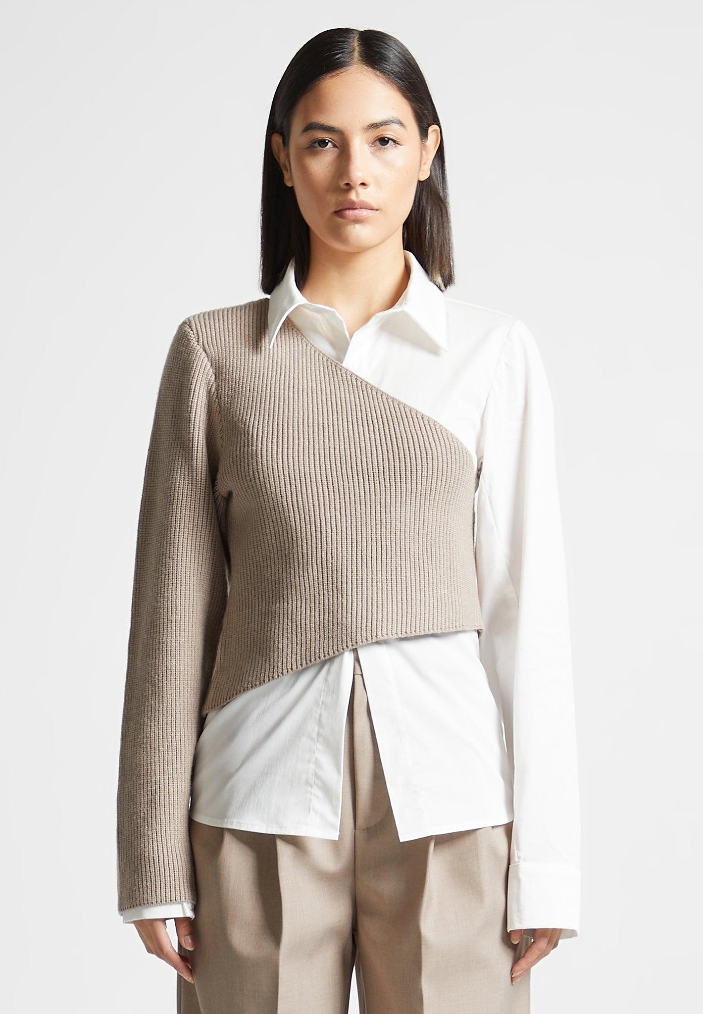 Asymmetric Knitted Overlay Shirt - White/Beige Female Product Image