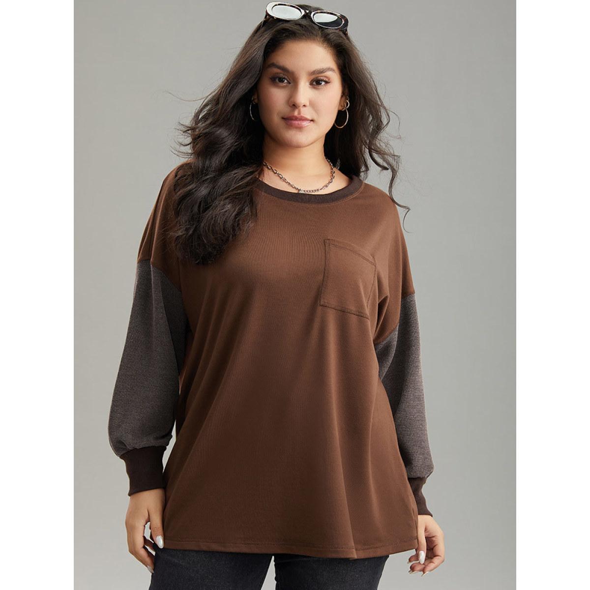 Plus Size Two Tone Patched Pocket Drop Shoulder Sweatshirt Women DarkBrown Casual Elastic cuffs Round Neck Everyday Sweatshirts BloomChic 26/4X Product Image