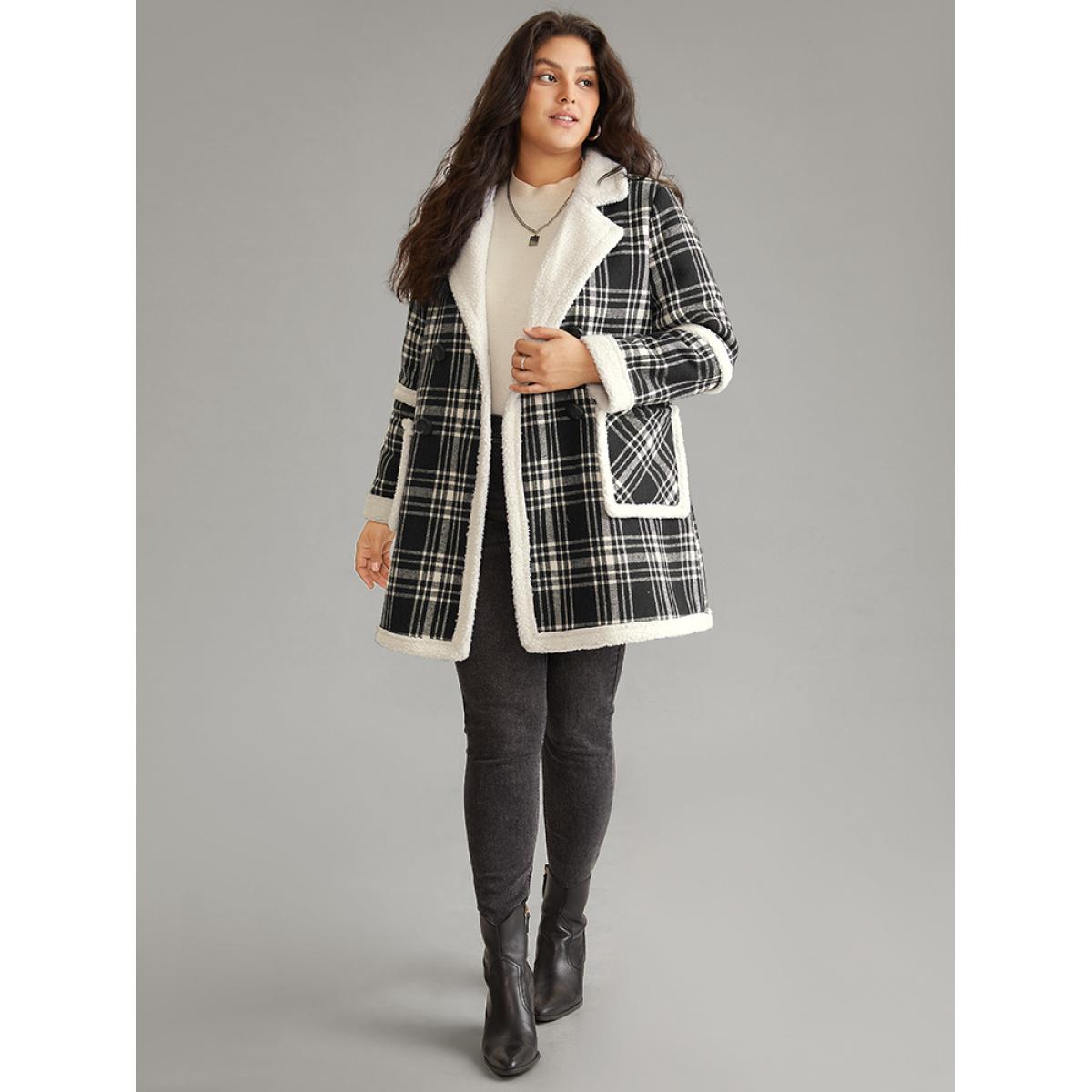 Plus Size Lapel Collar Plaid Pocket Fuzzy Trim Coat Women Black Casual Lined Ladies Dailywear Winter Coats BloomChic 10/M Product Image