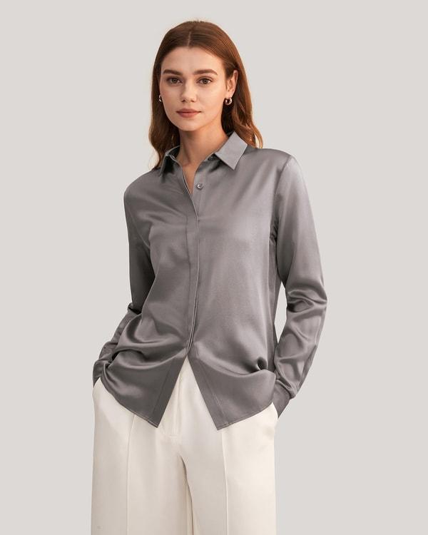 LILYSILK Silk Shirt Women - Dark Gray Mulberry Silk - Non-Toxic Dyes Concealed Mother-Of-Pearl Buttons Blouse Petite M Product Image