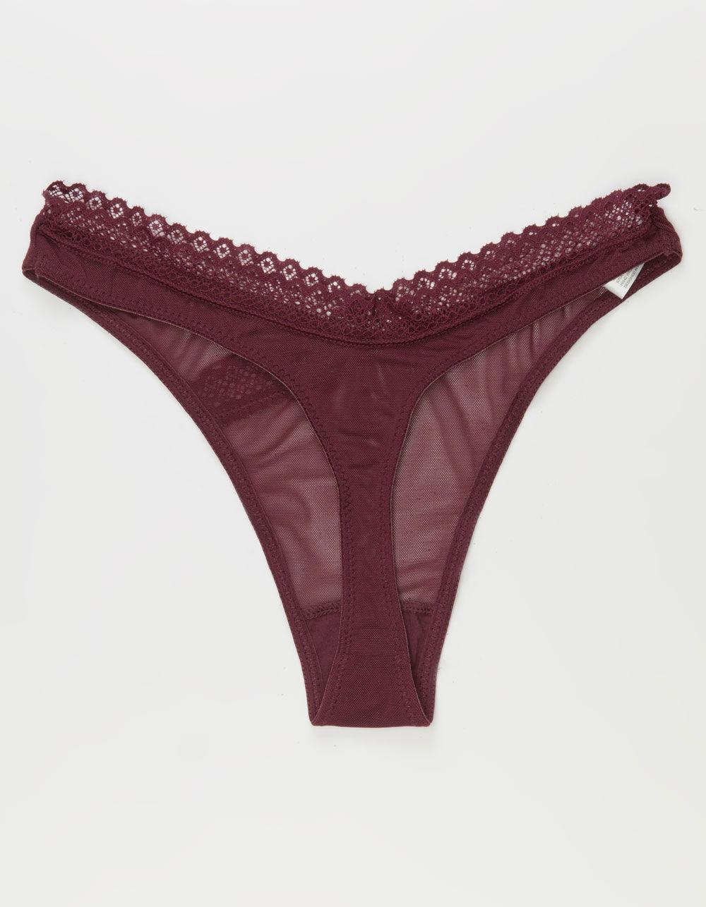 FULL TILT Crossover Waist Mesh Thong - BURGUNDY Product Image