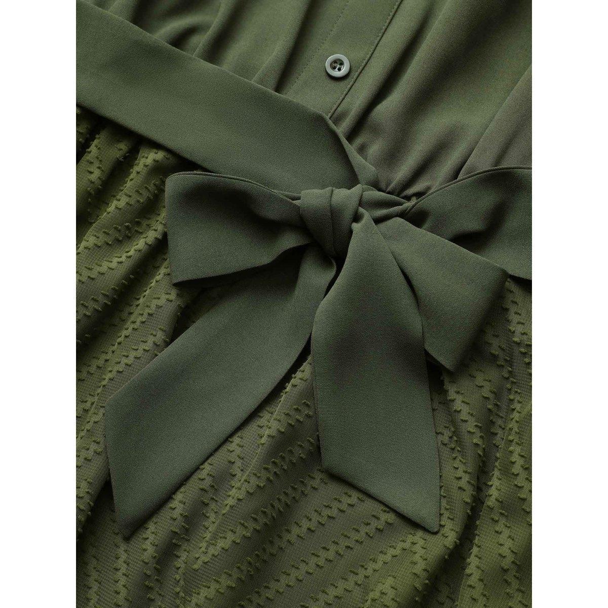 Plus Size Plain Texture Mesh Belted Asymmetrical Hem Dress ArmyGreen Women At the Office Texture Shirt collar Short sleeve Curvy Midi Dress BloomChic 14-16/1X Product Image