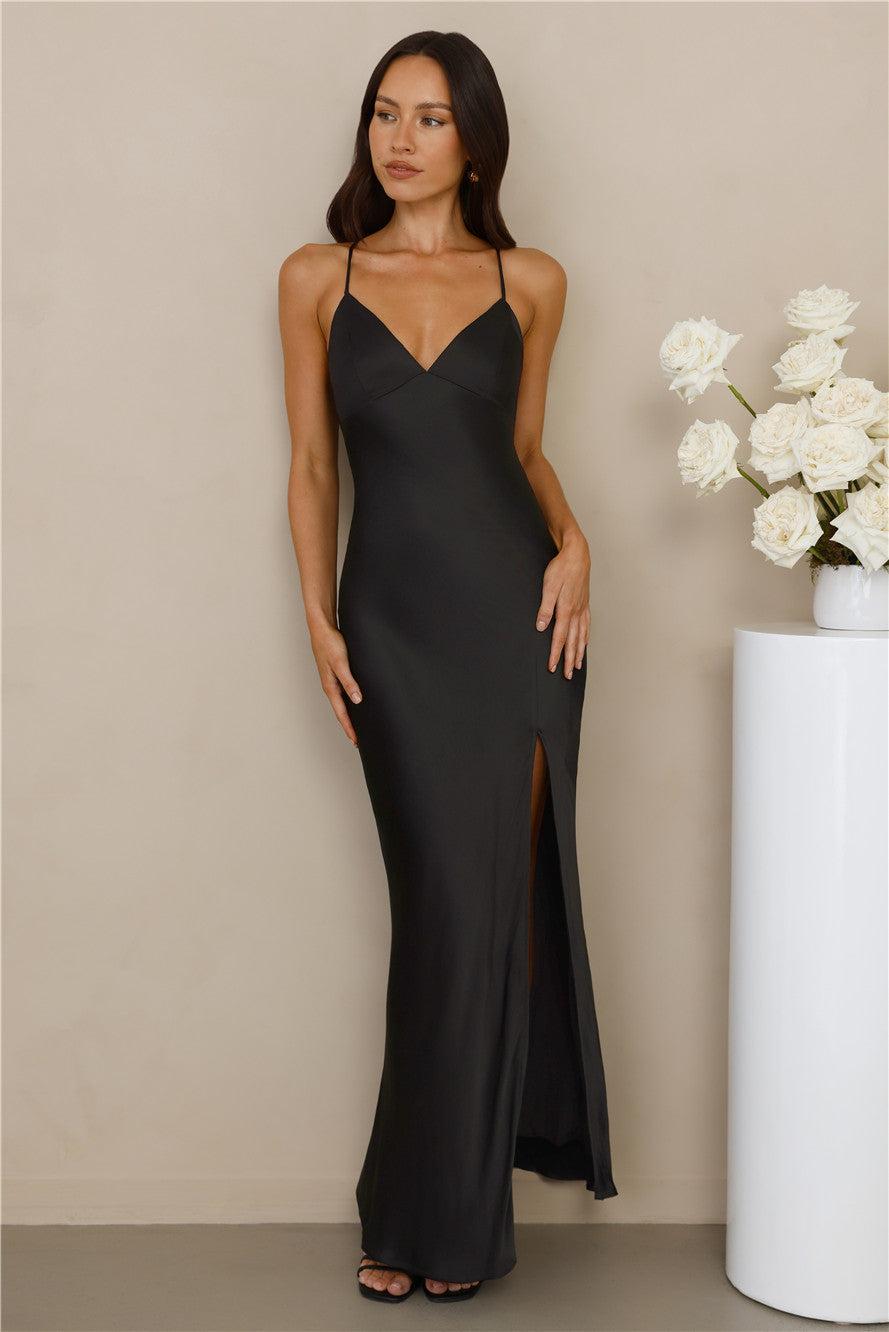 The Sophia Satin Maxi Dress Black Product Image