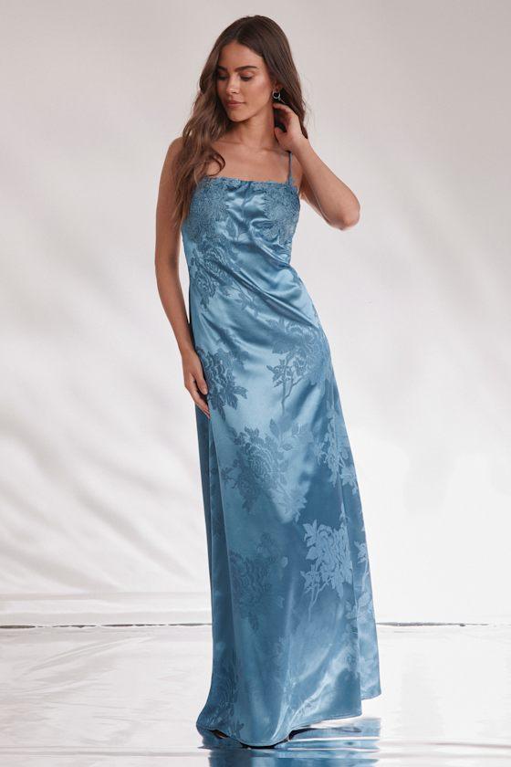 Whimsical Radiance Blue Satin Embroidered Maxi Dress Product Image