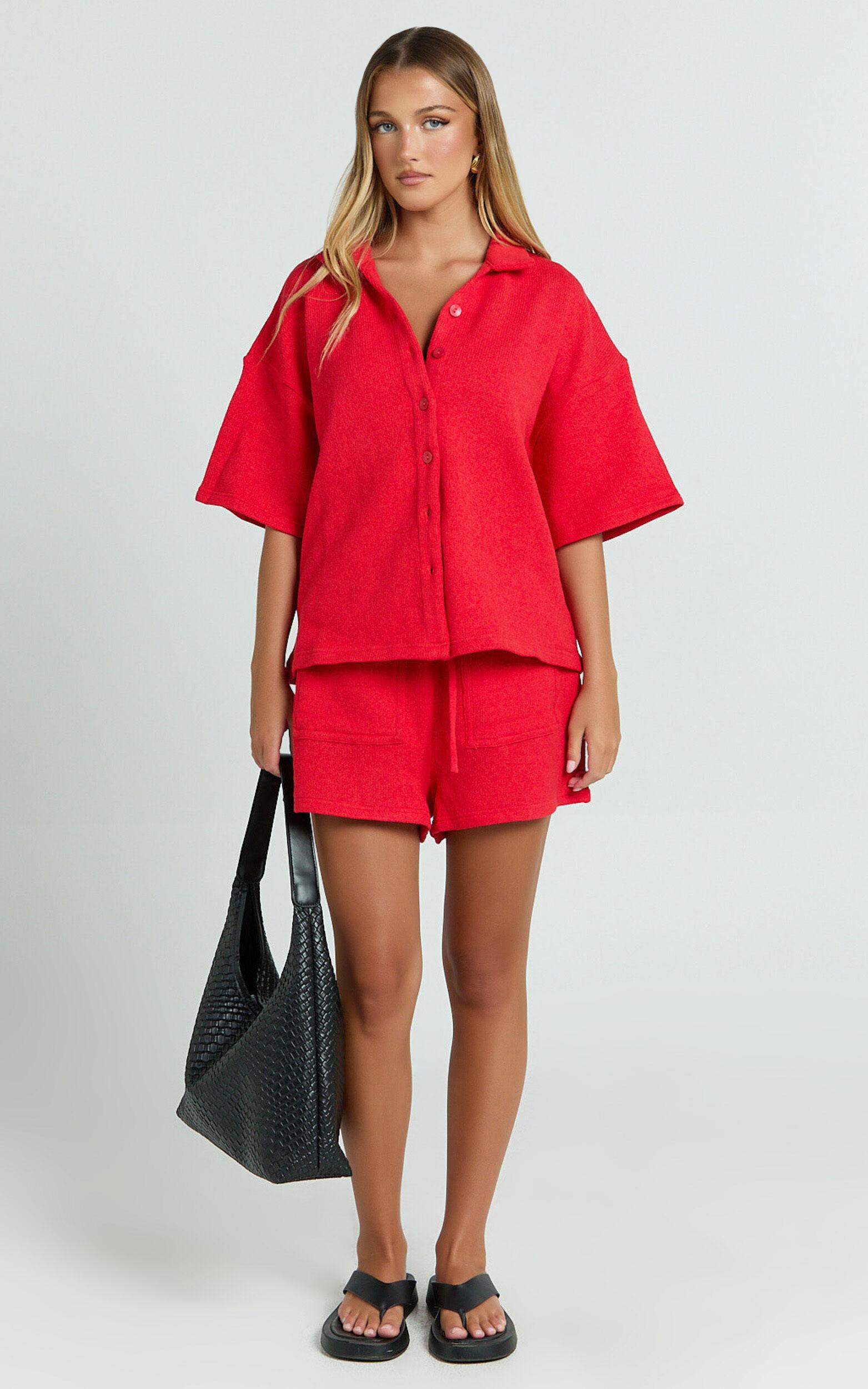 Kahlani Two Piece Set - Collared Short Sleeve and High Waisted Shorts in Red Product Image