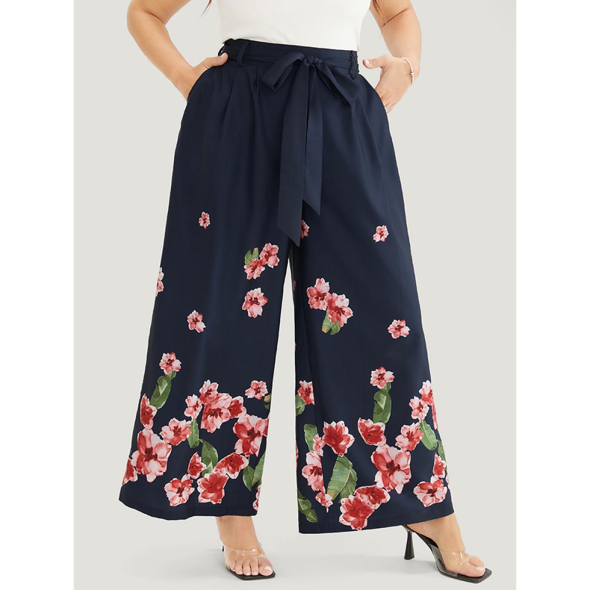 Plus Size Floral Wide Leg Pocket Pleated Detail Belt Pants Women Midnight Elegant Mid Rise Dailywear Pants BloomChic 14-16/1X Product Image