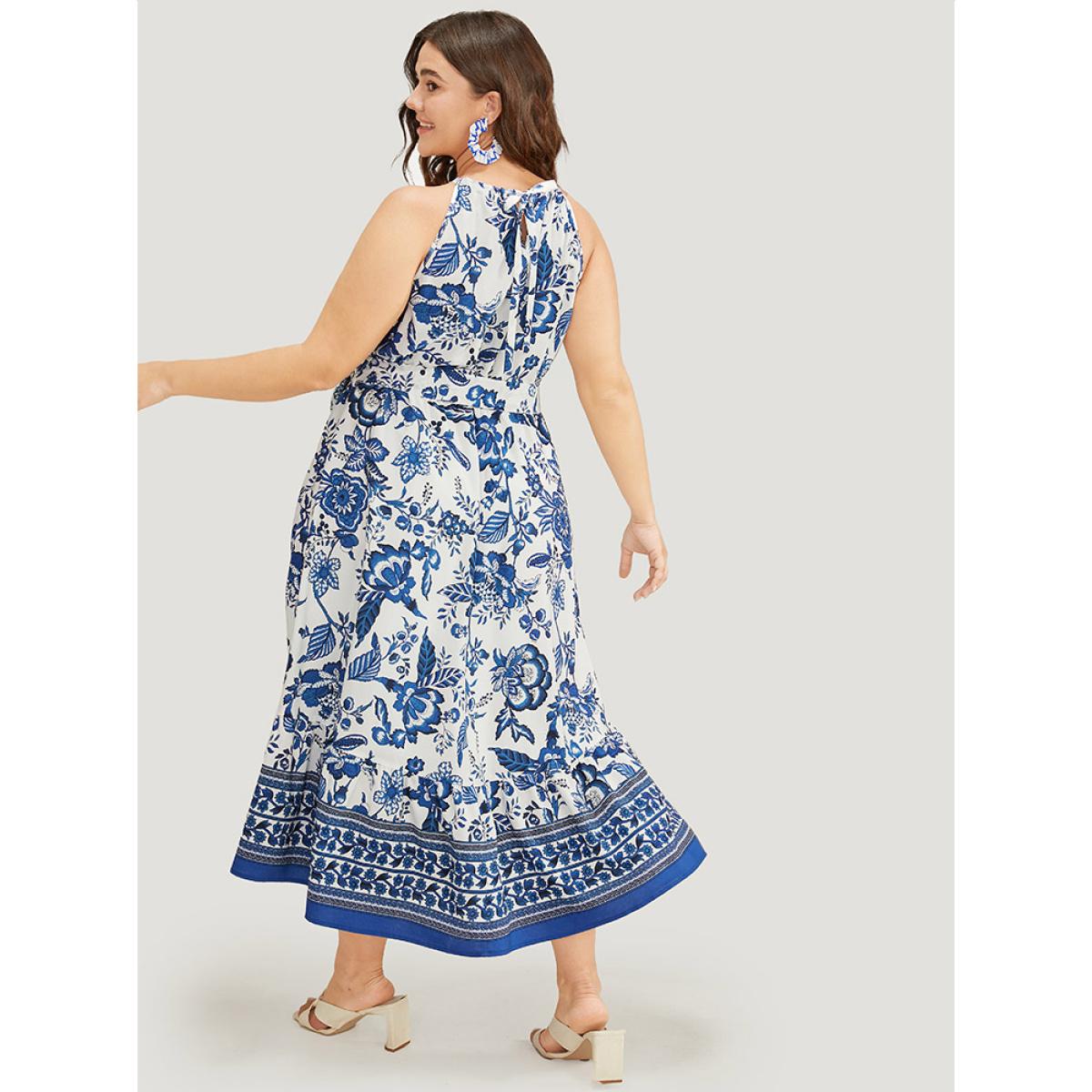 Plus Size Bandana Print Knotted Flutter Hem Pocket Belted Halter Dress DarkBlue Women Vacation Knotted Halter neck Sleeveless Curvy Midi Dress BloomChic 30/6X Product Image