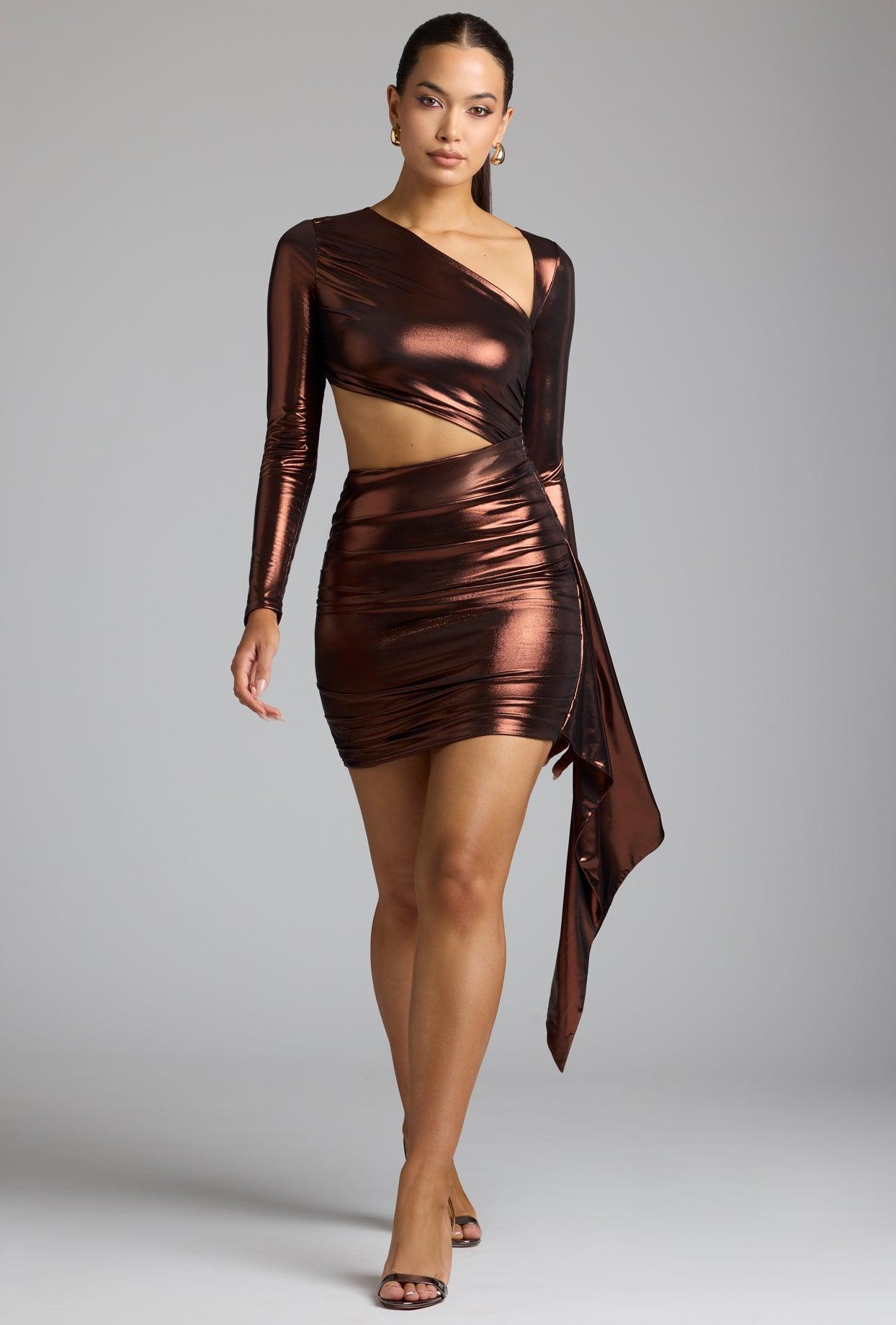 Cut Out Metallic Jersey Mini Dress in Copper Bronze Product Image