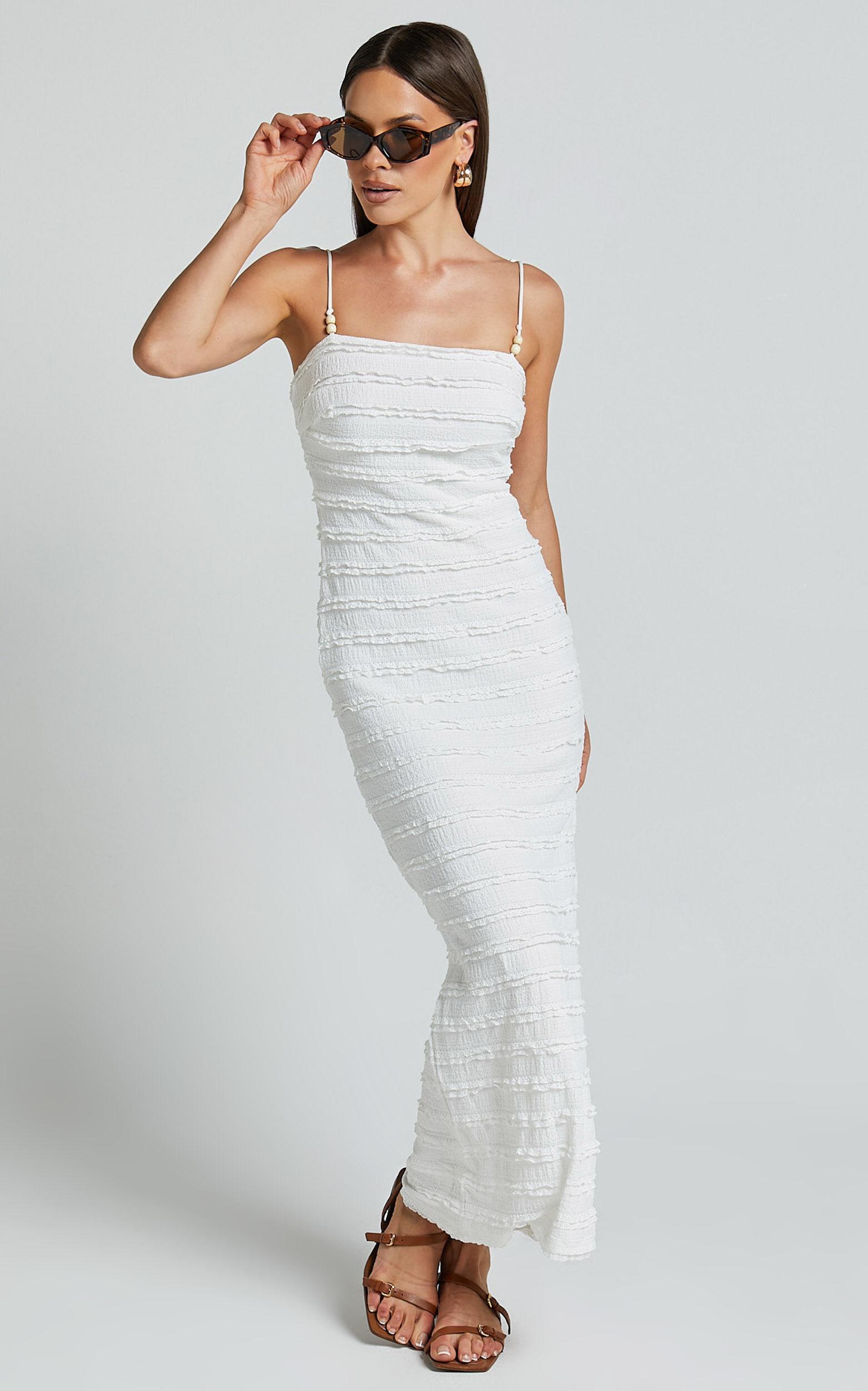 Alanna Midi Dress - Textured Midi Dress With Tie Straps in White Product Image