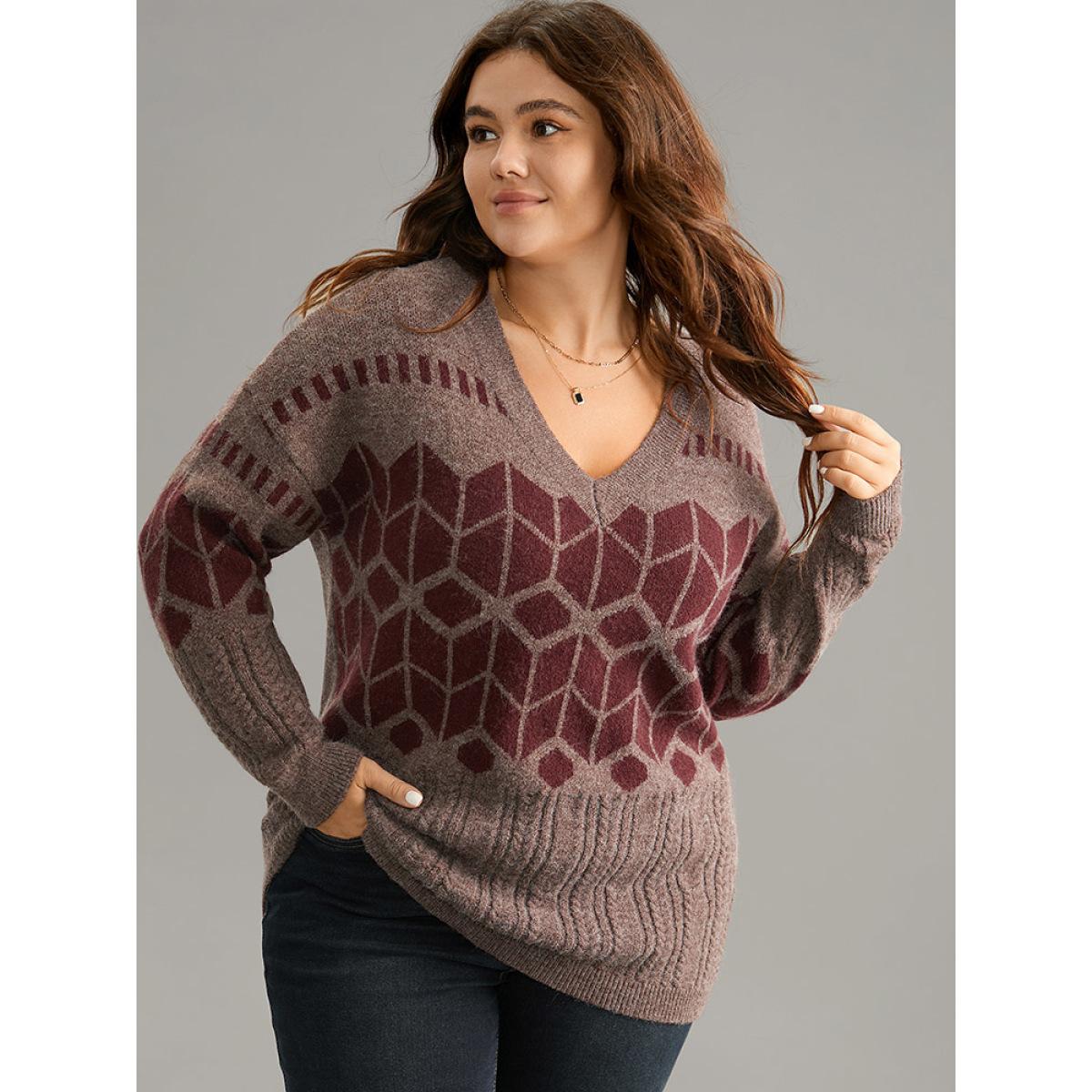 Plus Size Supersoft Essentials Geometric Knit Jacquard Pullover Burgundy Women Casual Loose Long Sleeve V-neck Dailywear Pullovers BloomChic 30/6X Product Image