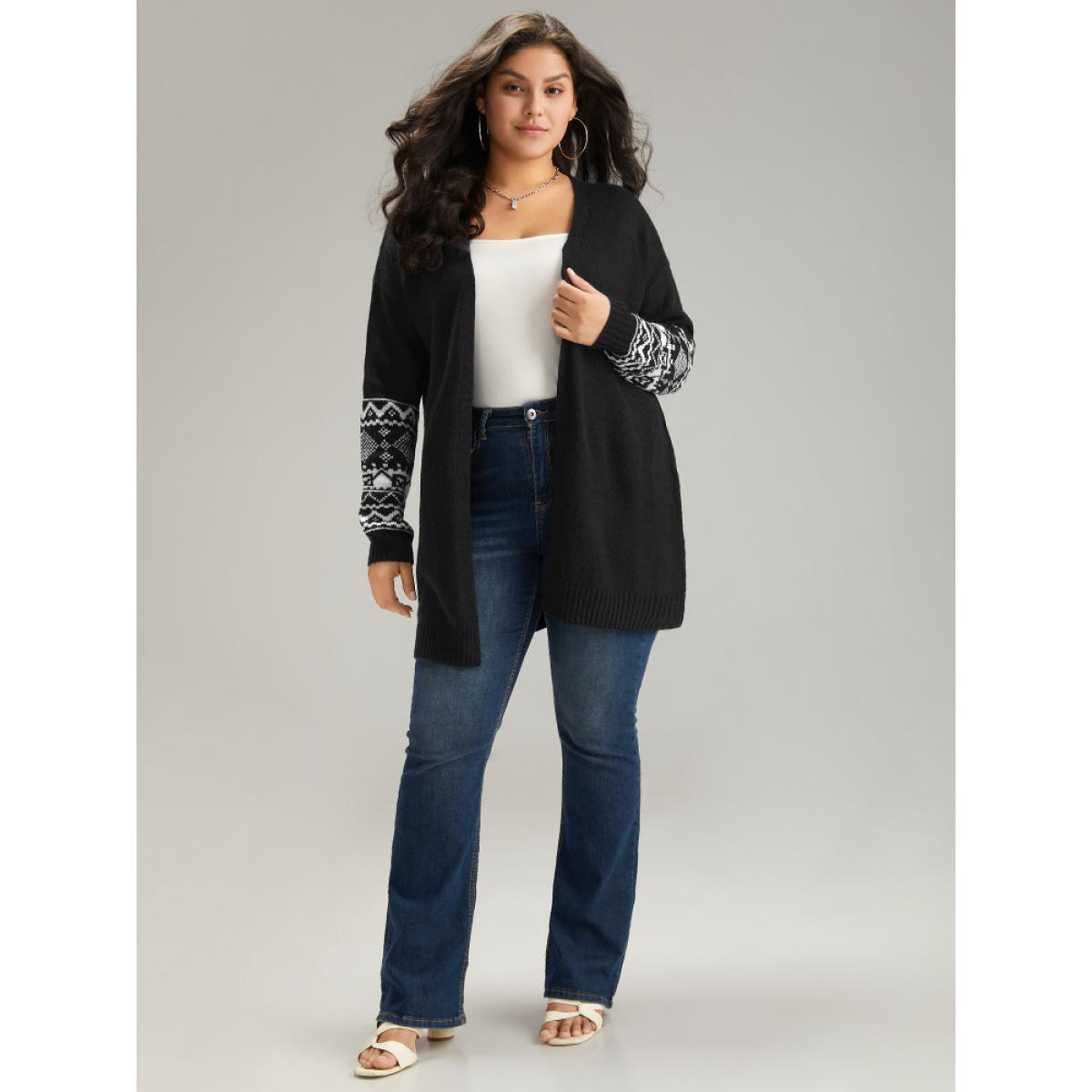 Plus Size Geometric Graphic Open Front Tunic Cardigan Black Women Casual Loose Long Sleeve Dailywear Cardigans BloomChic 30/6X Product Image