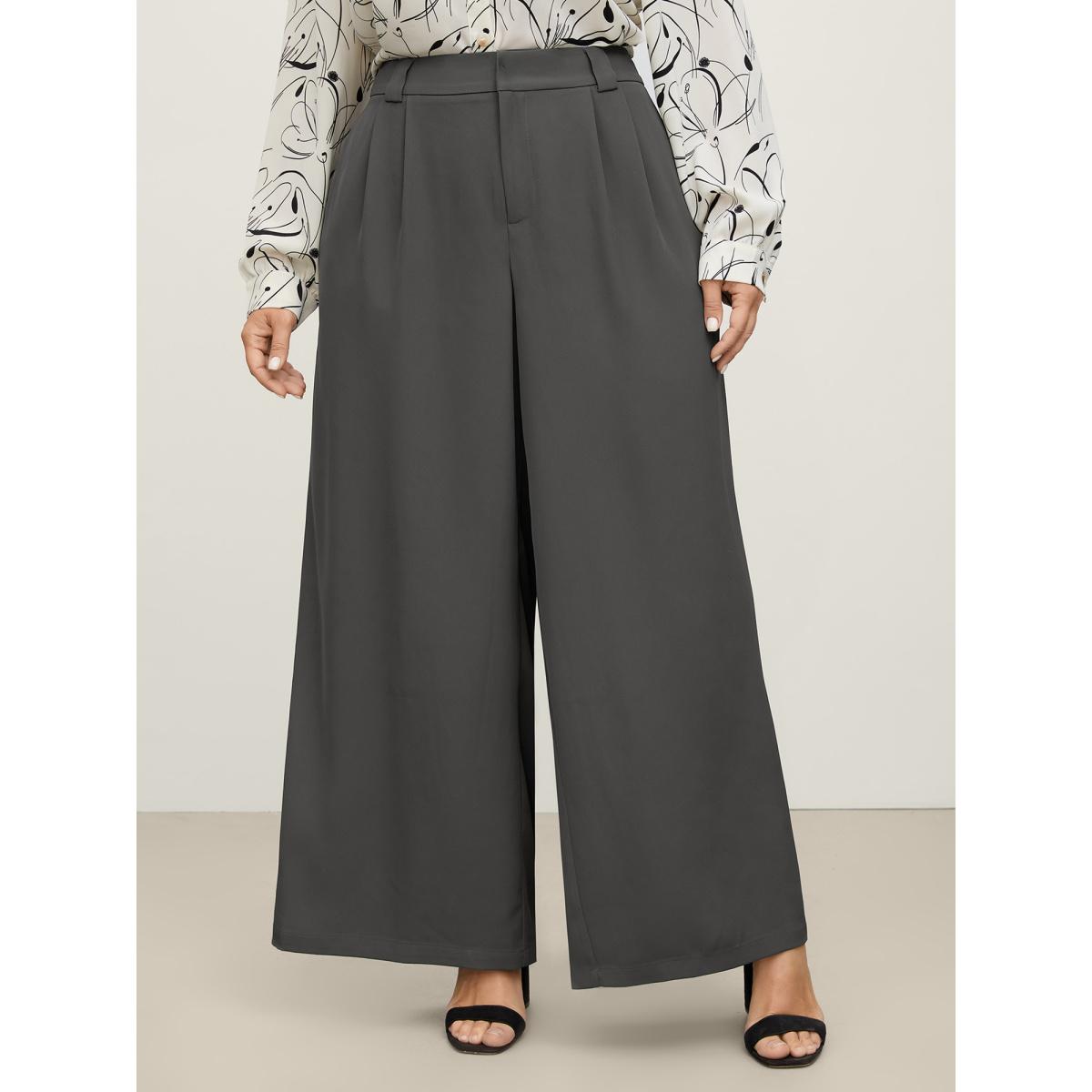 Plus Size Stretchy Waist Pleated Wide-Leg Pants Women DimGray Office Loose Mid Rise Office Pants BloomChic 14-16/1X Product Image