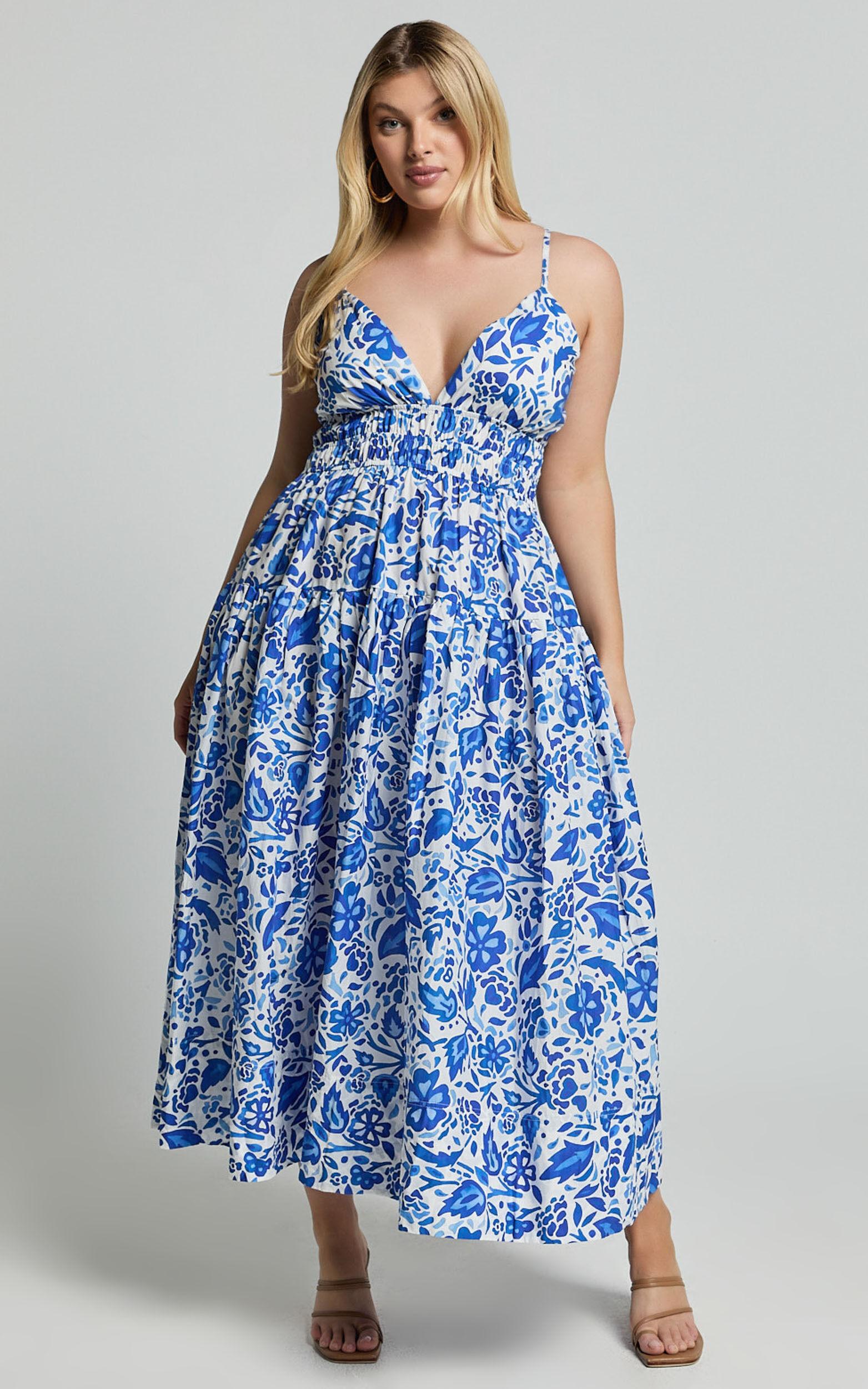 Cheri Midi Dress - Strappy Fit and Flare Tiered Dress in Blue Floral Product Image