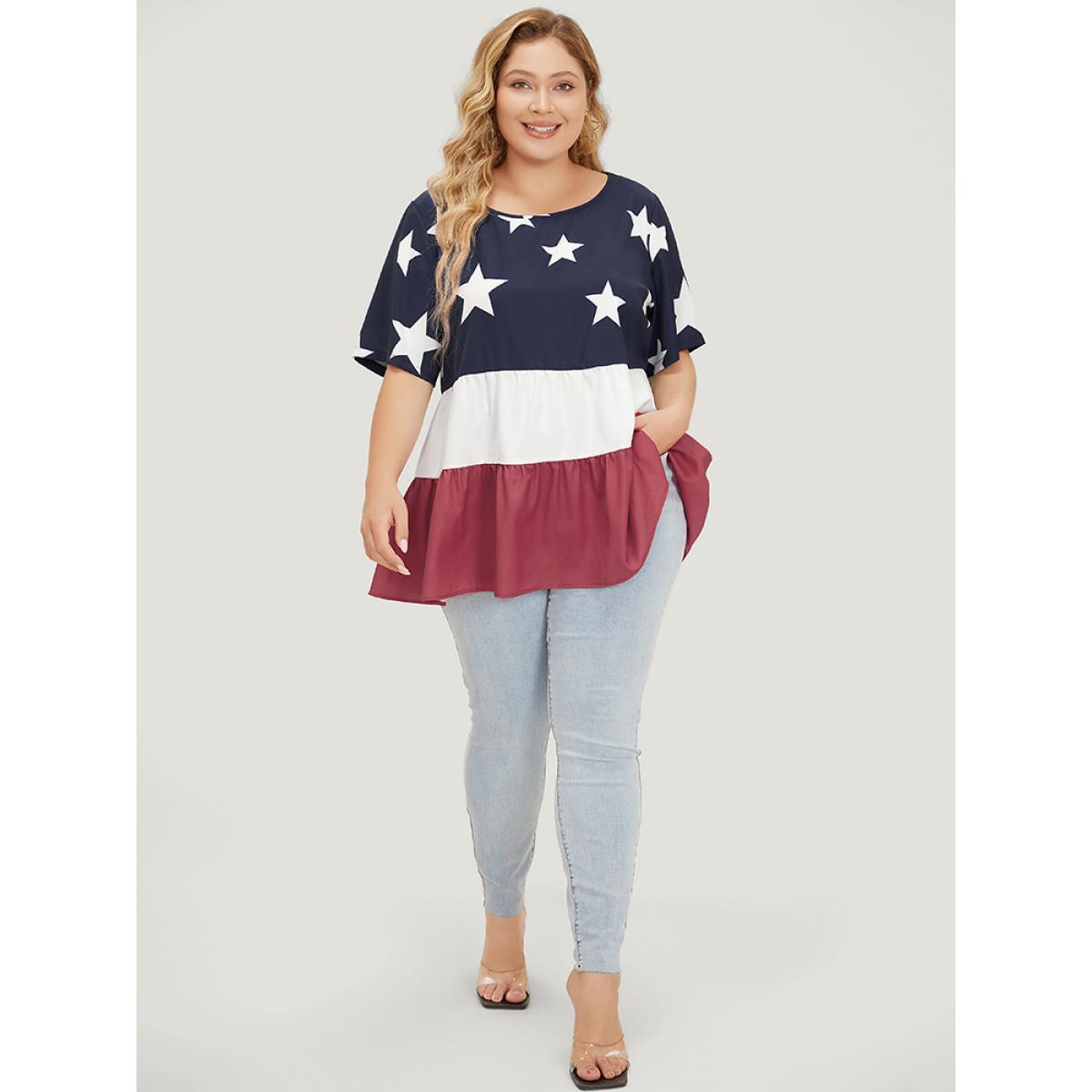 Plus Size Multicolor Star Patchwork Contrast Layered Hem Blouse Women Elegant Short sleeve Round Neck Everyday Blouses BloomChic 12/L Product Image