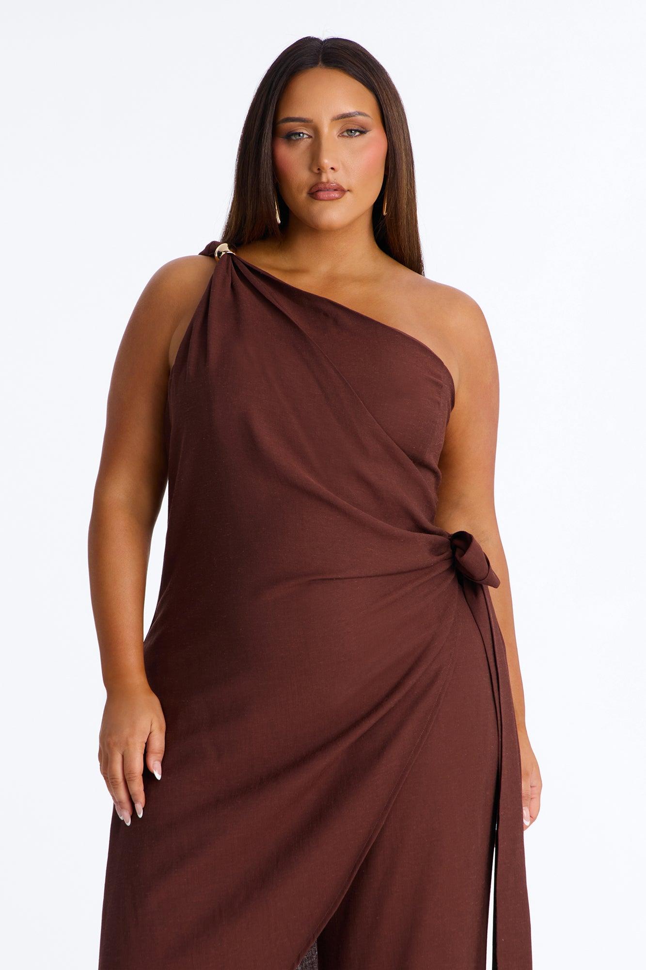 Zena Off Shoulder Draped Jumpsuit - Chocolate Female Product Image