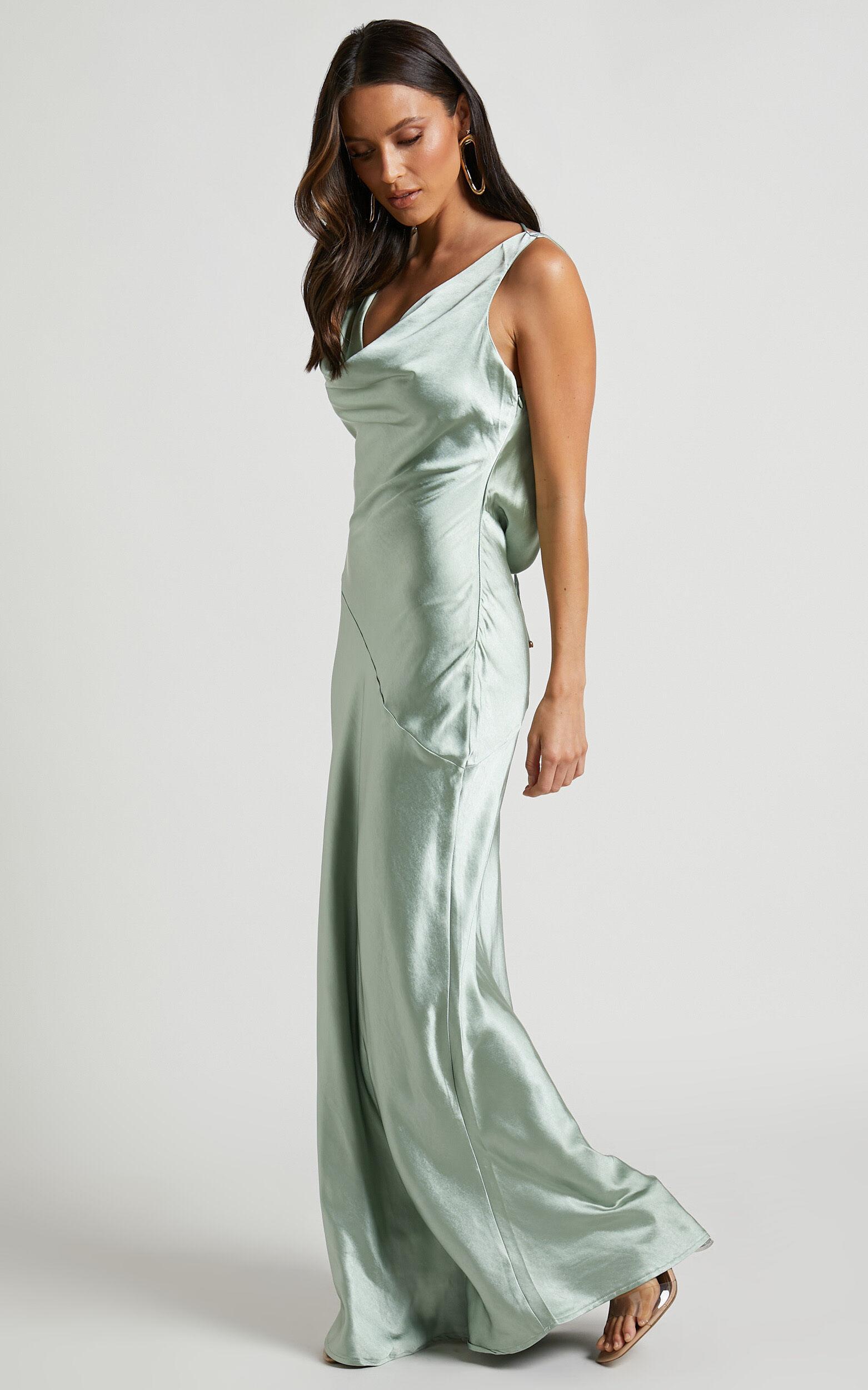 Adilah Maxi Dress - Cowl Neck Satin Dress in Pistachio Product Image