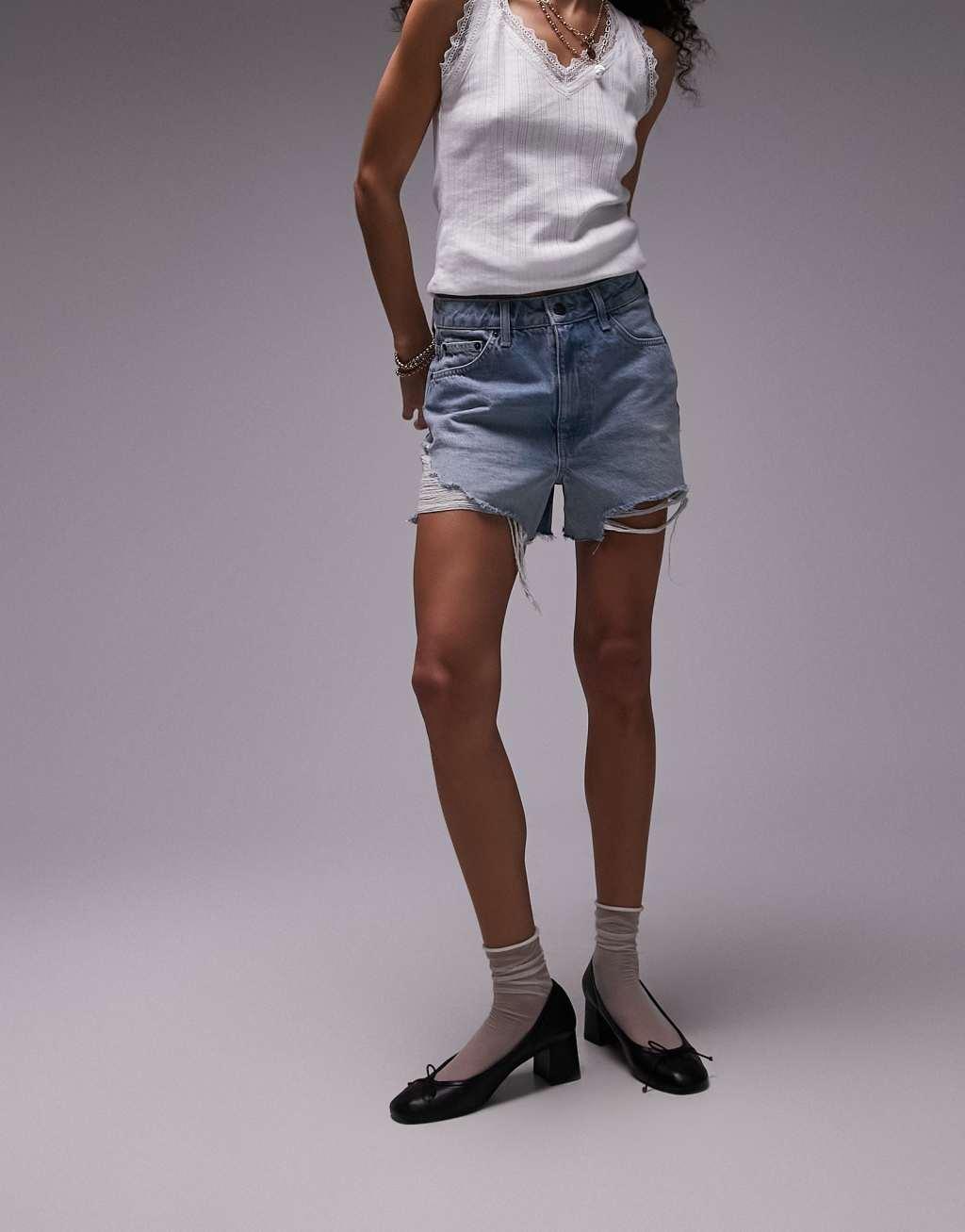 Topshop denim a-line Mom Shorts with rip in vintage blue  Product Image