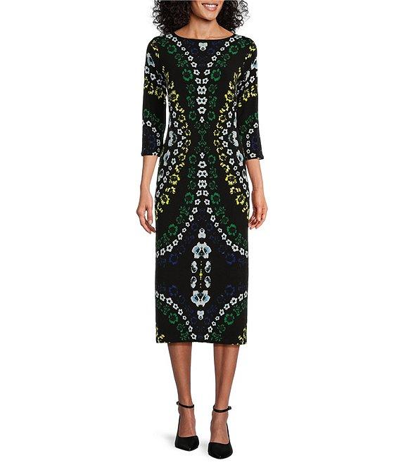 Eva Varro Knit Jersey Floral Pattern Crew Neck 3/4 Sleeve Side Slit Midi Dress Product Image