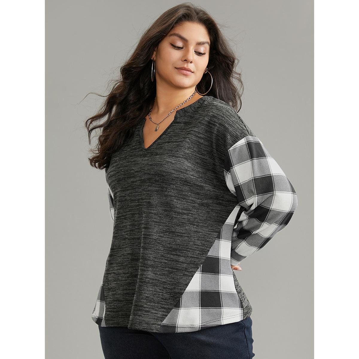 Plus Size Plaid Patchwork Heather Notched Sweatshirt Women Black Casual Contrast Notched collar Dailywear Sweatshirts BloomChic 22-24/3X Product Image