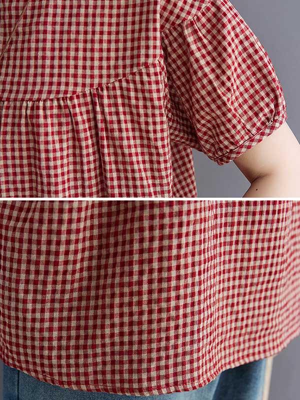Cotton Blend Plaid Polo Puff Sleeve T-Shirts Tops Product Image