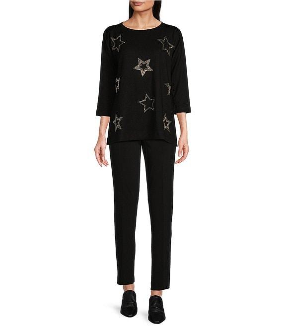Ali Miles Knit Stretch Star Print 3/4 Sleeve Sweater Product Image