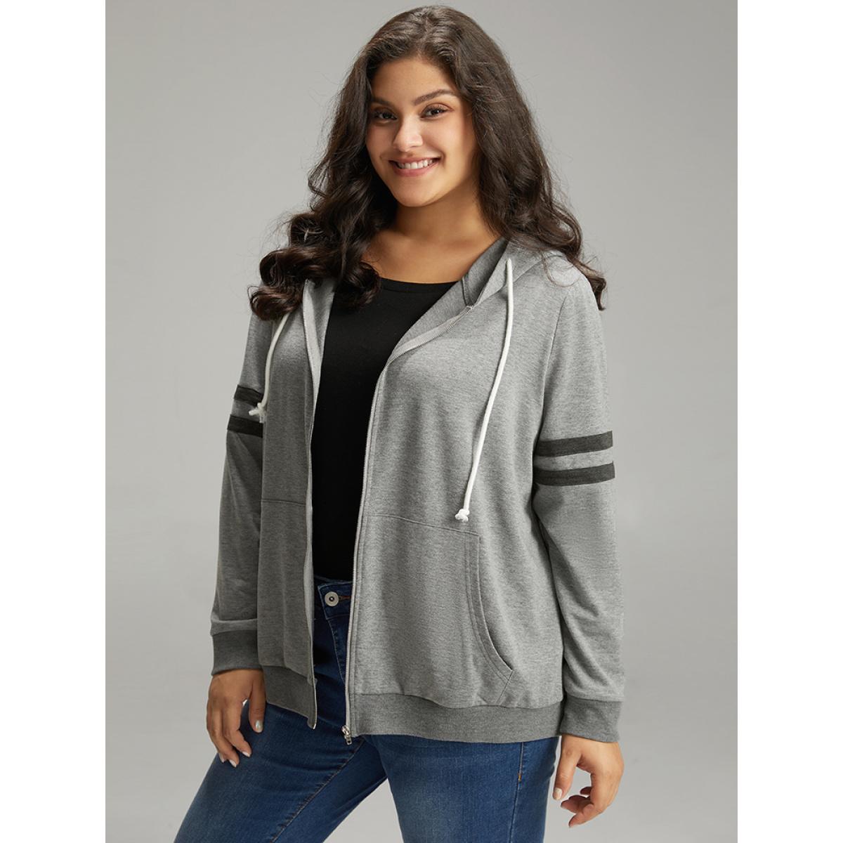 Plus Size Striped Hooded Pocket Zipper Fly Sweatshirt Women Gray Casual Elastic cuffs Hooded Dailywear Sweatshirts BloomChic 28/5X Product Image