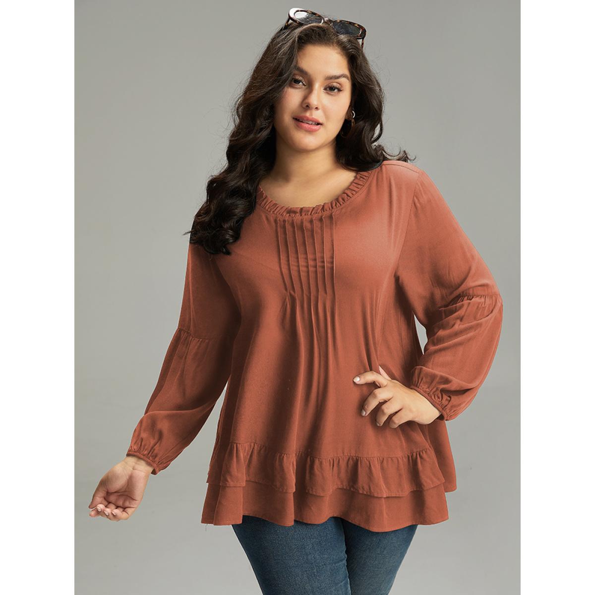 Plus Size OrangeRed Seam Detail Frill Trim Layered Blouse Women Elegant Long Sleeve Round Neck Dailywear Blouses BloomChic 10/M Product Image