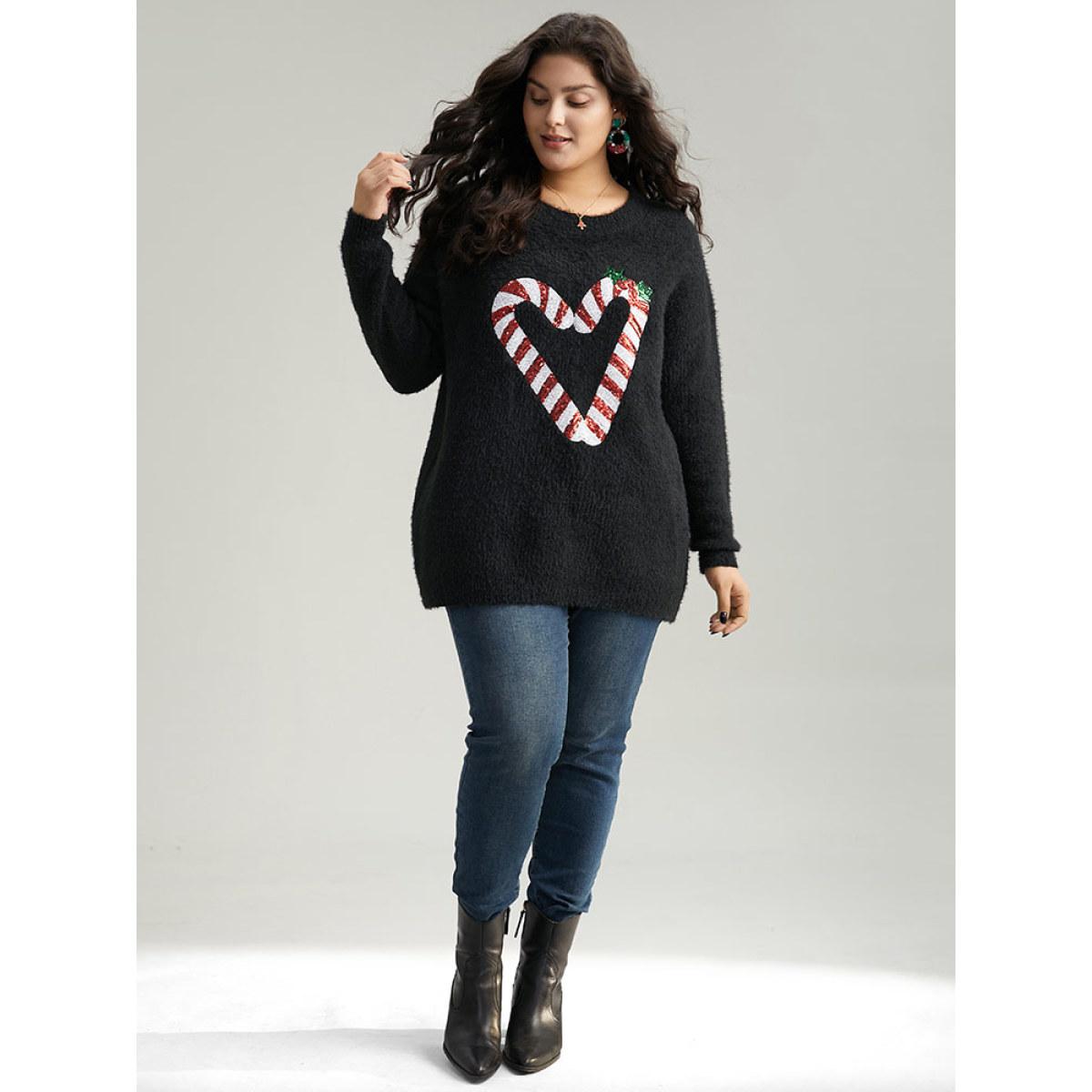 Plus Size Sequin Christmas Heart Graphic Pullover Black Women Casual Loose Long Sleeve Round Neck Festival-Christmas Pullovers BloomChic 12/L Product Image