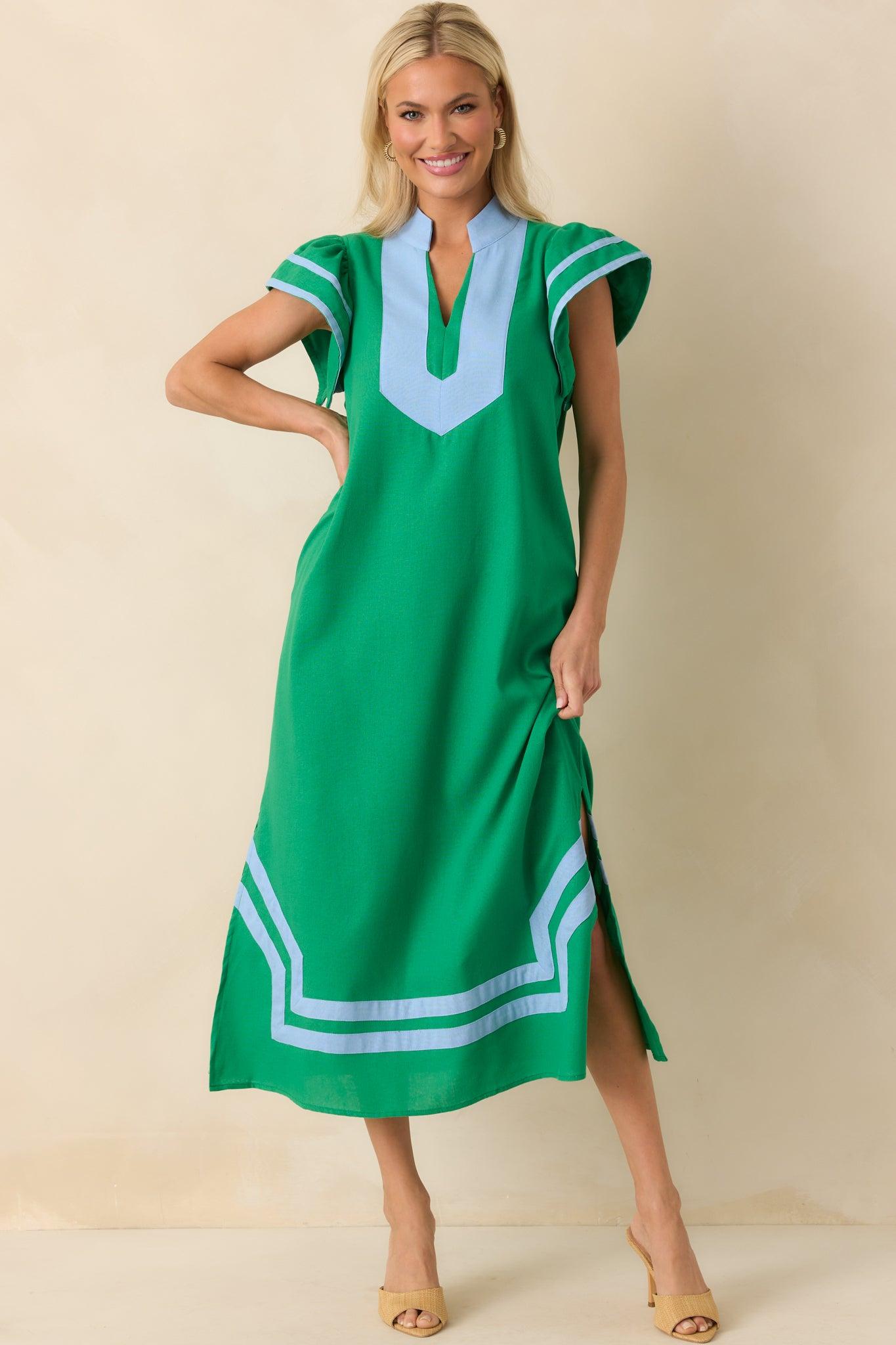 As Good As It Gets Green Linen Cotton Blend Kaftan Maxi Dress Product Image