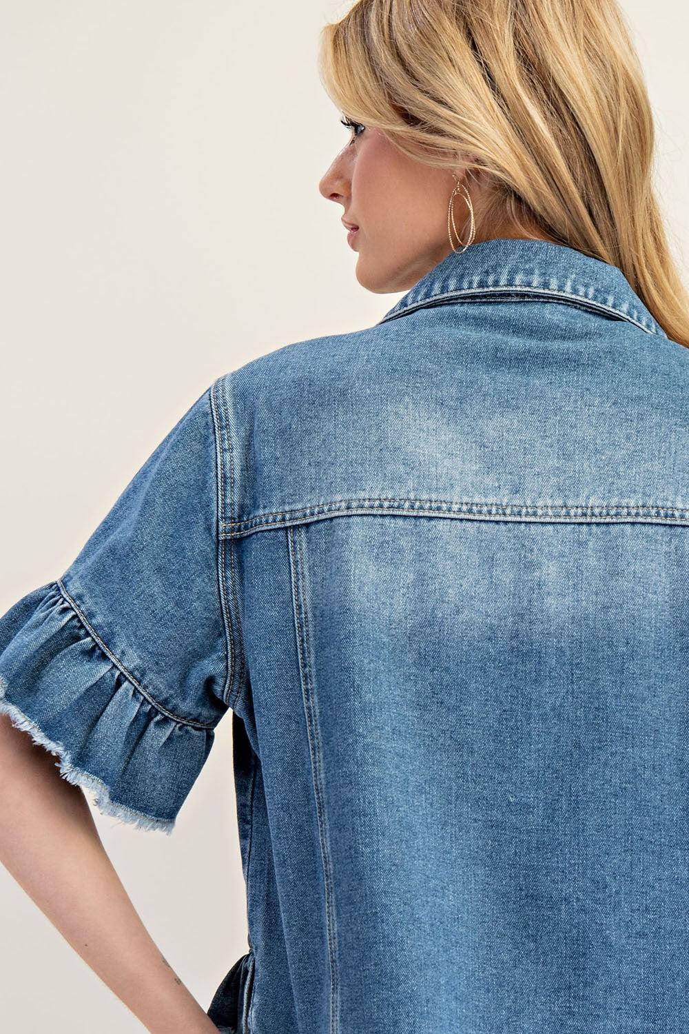 Ruffle Edge Short Sleeve Denim Jacket Product Image