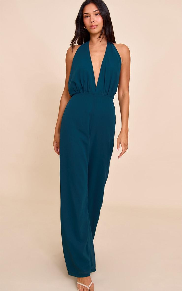 Teal Chiffon Cowl Neck Bead Detail Jumpsuit Product Image