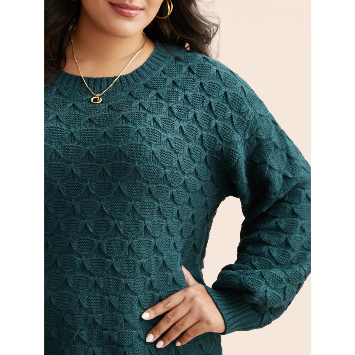 Plus Size Fish Scale Texture Drop Shoulder Pullover Cyan Women Casual Loose Long Sleeve Round Neck Everyday Pullovers BloomChic 18-20/2X Product Image