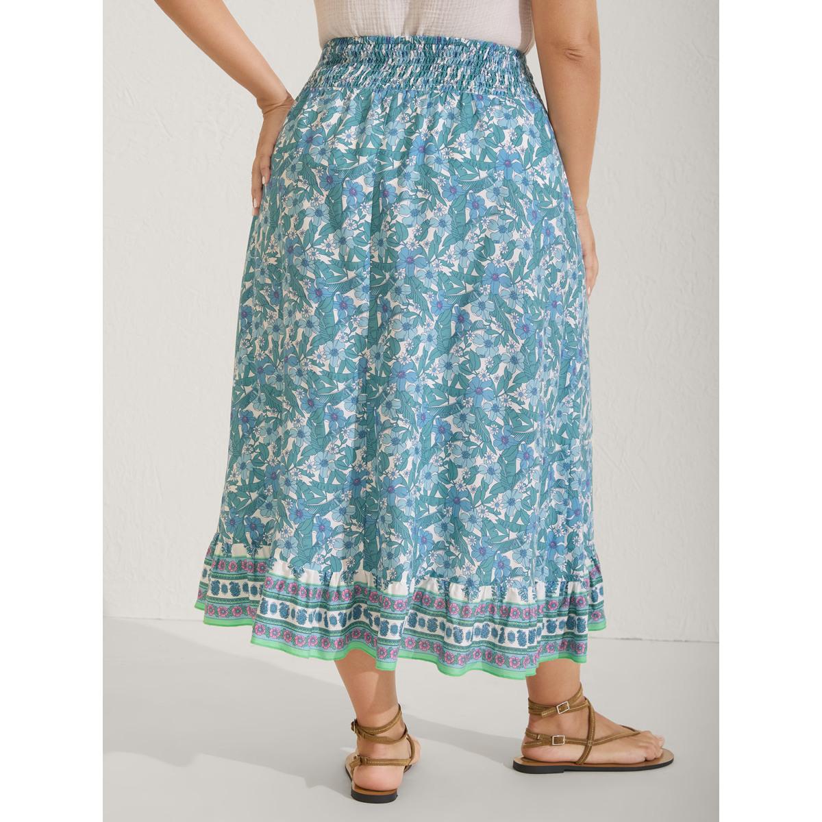 Plus Size Floral Ruffled Wrap Midi Skirt Women Arctic Resort Shirred Loose No stretch Side seam pocket Vacation Skirts BloomChic 14-16/1X Product Image