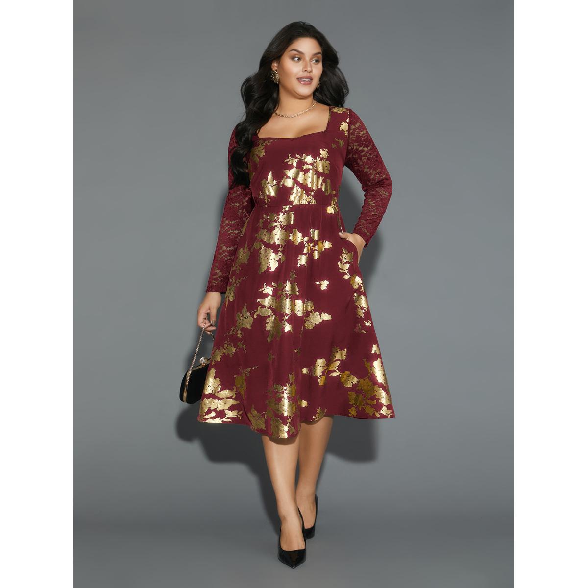 Plus Size Glitter Floral Crochet Lace Mesh Dress Burgundy Women Cocktail Woven ribbon&lace trim Party Curvy Bloomchic 10/M Product Image