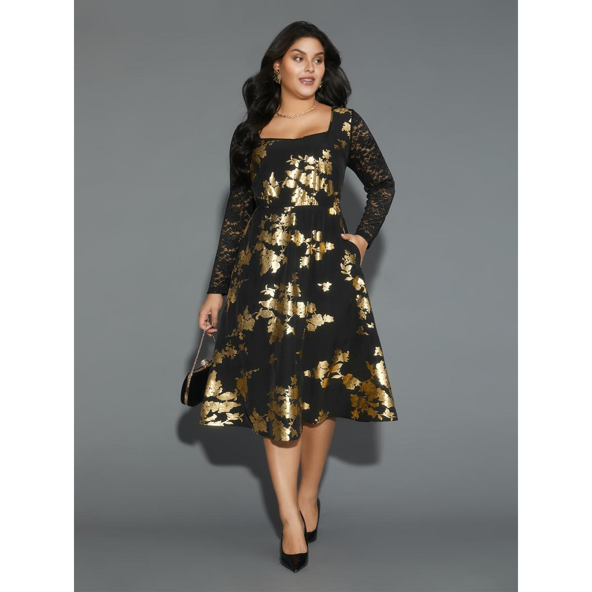 Plus Size Glitter Floral Crochet Lace Mesh Dress Black Women Cocktail Woven ribbon&lace trim Party Curvy Bloomchic 26/4X Product Image