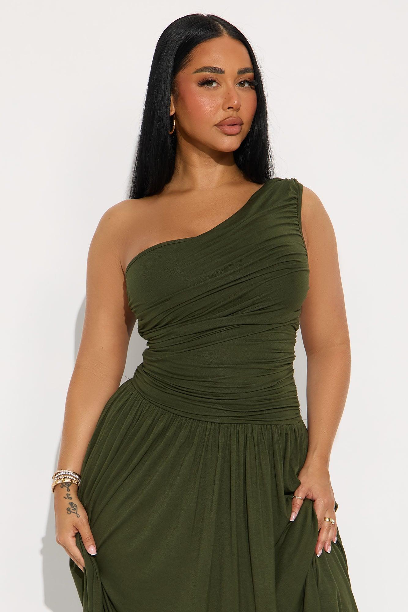 Serene Dreams One Shoulder Maxi Dress - Olive Female Product Image