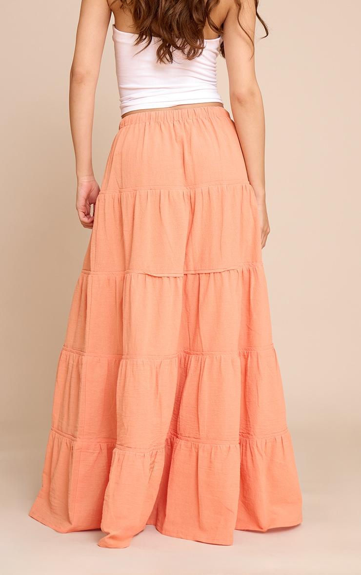 Peach Cotton Tiered Drawstring Waist Maxi Skirt Product Image