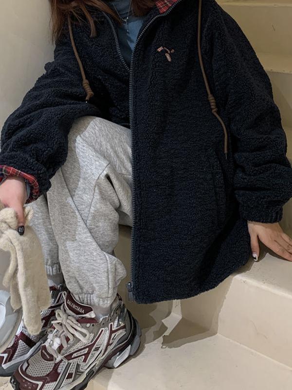 Plaid Lambswool Splice Embroidered Hooded Zip Up Jacket Product Image