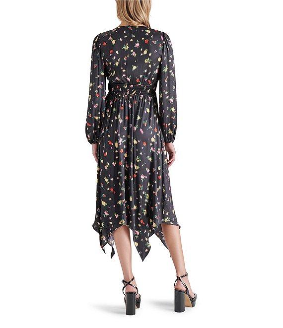 Steve Madden Jamie Satin Floral Print V-Neck Long Sleeve Midi Dress Product Image