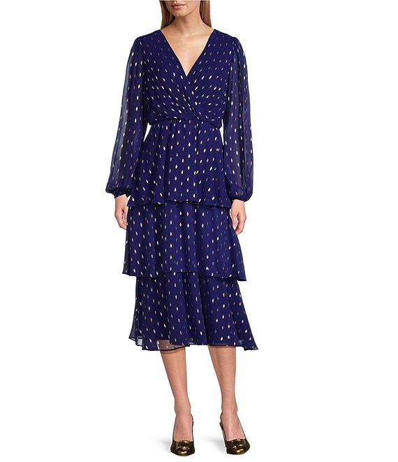 Ignite Evenings Surplice Neck Long Bubble Sleeve Tiered Skirt Gold Foil Dot Midi Dress Product Image