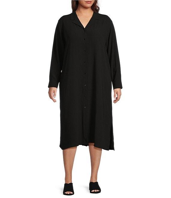 Eileen Fisher Plus Size Silk Georgette Crepe Notch Collar Long Sleeve Button Front Dress Product Image