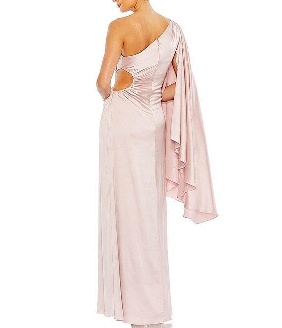 Mac Duggal One Shoulder Long Cape Sleeve Ruched Side Cut-Out Gown Product Image