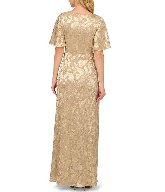 Adrianna Papell Foiled Leaf Print Surplice V-Neck Short Flutter Sleeve Gown Product Image