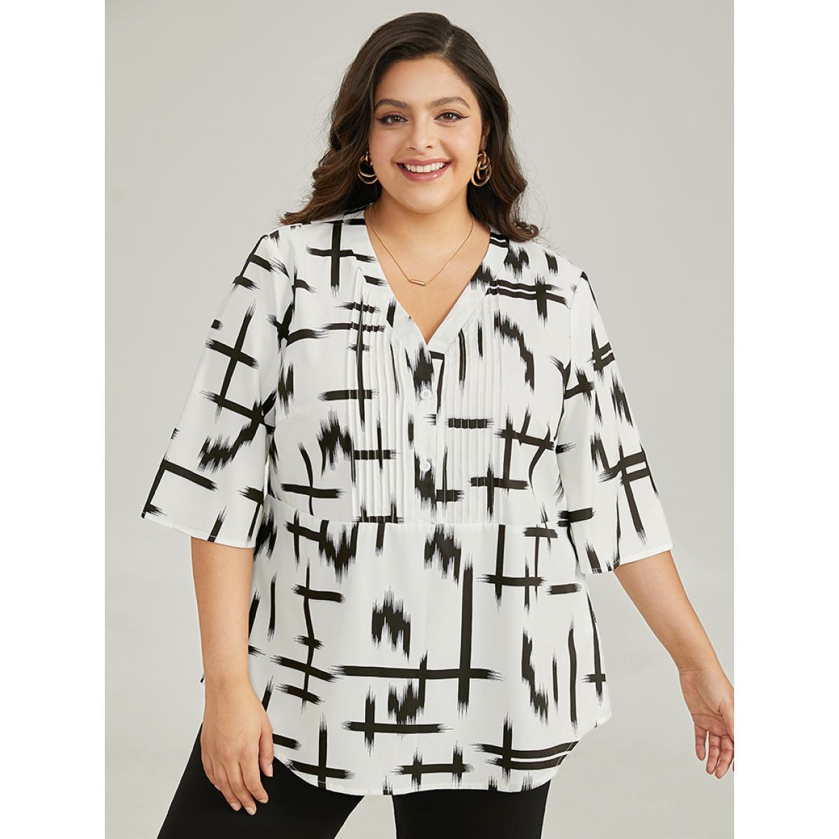 Plus Size Ivory Brush Print V Neck Pleated Ruffles Button Up Blouse Women Office Half Sleeve V-neck Work Blouses BloomChic 12/L Product Image