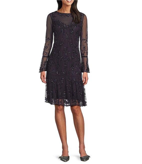 Pisarro Nights Petite Size 3/4 Bell Sleeve Beaded Flounce Dress Product Image